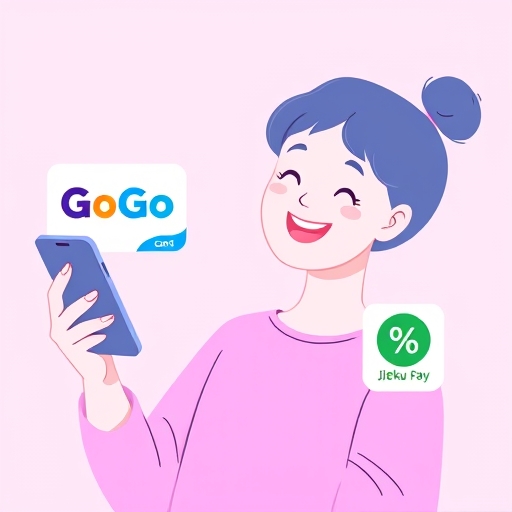 一位使用者愉快使用智慧型手機，顯示 GoGo 卡與街口支付標誌，代表高額現金回饋比例，柔和粉彩色調，輕鬆氛圍