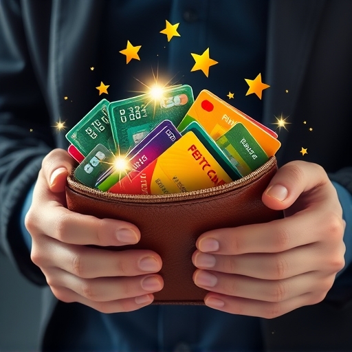 illustration of a person's wallet overflowing with various credit cards with sparkling rewards symbols indicating future trends and financial planning