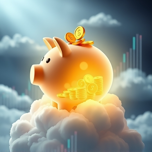 illustration of a piggy bank glowing with coins on a digital cloud background with subtle financial charts showing growth