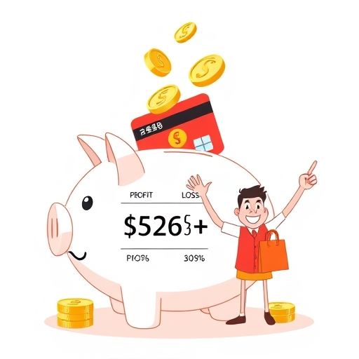 豬仔撲滿裡有信用卡和硬幣流入，顯示百分比符號的盈虧計算，一位快樂購物者慶祝2026年淘寶交易成功