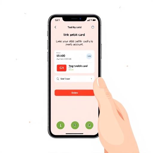 智慧型手機螢幕顯示步驟指南，將簽帳金融卡連結到淘寶帳戶的 App 介面，有清晰圖示和進度指示，營造使用者友善的教學場景