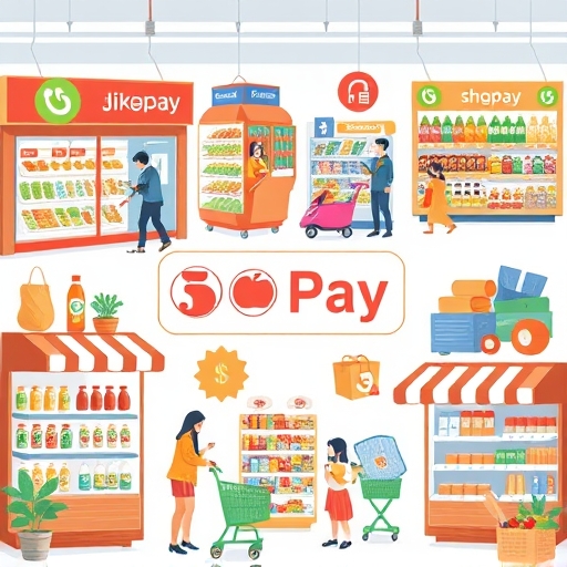 日常購物場景如超市、便利商店與線上平台，疊加街口支付符號，活潑吸引人的插圖風格