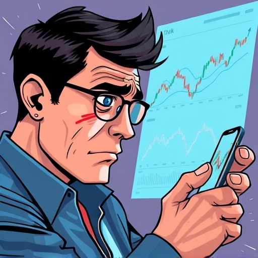 illustrative scene of a frustrated investor staring at a phone screen showing stock charts with fluctuating lines representing market volatility illustration art