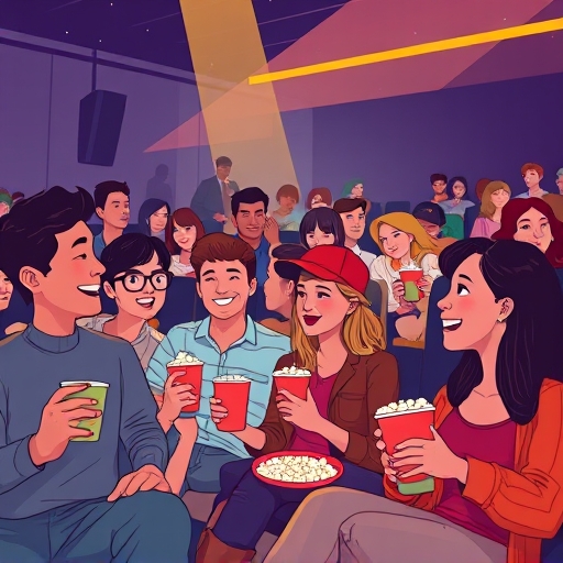 多元族群在現代國賓影城快樂觀影的插圖，伴隨爆米花與飲料，營造柔和燈光下的電影氛圍與鮮豔色彩