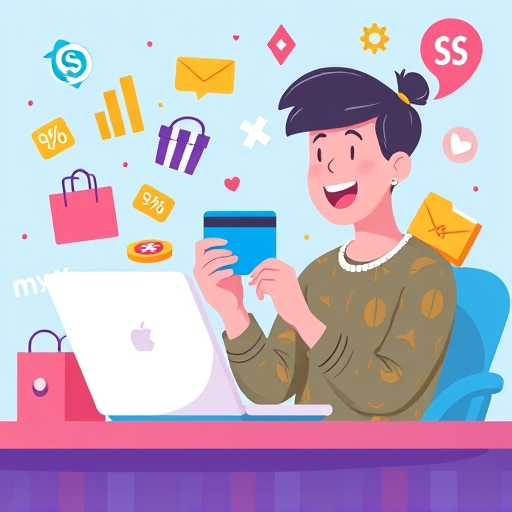 彰銀 My 購卡網購高回饋的生動場景,一位用戶快樂使用信用卡在筆電上購物,周圍環繞彩色電商圖標與折扣符號