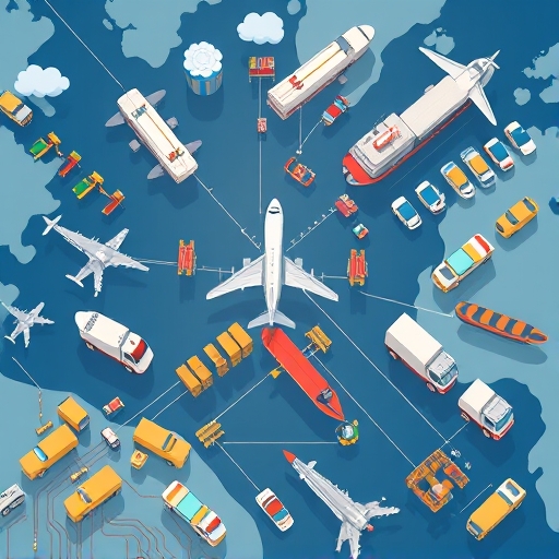 供應鏈網絡的俯視插圖，包含卡車、飛機和船隻連接工廠、倉庫與客戶，強調物流效率流動