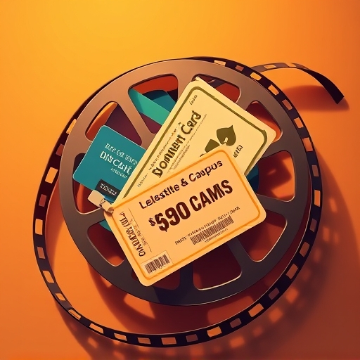 膠捲與信用卡交織的俯視插圖，象徵國賓影城消費的節省與娛樂，溫暖風格搭配金黃色調