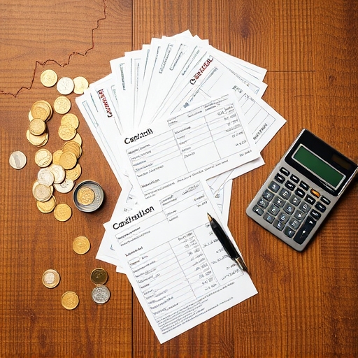 overhead view of a wooden table with scattered coins a pile of stock certificates a calculator and a pen neatly arranging calculations for dividend distribution