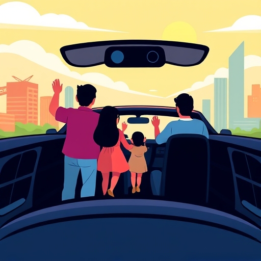 playful illustration of a family waving goodbye before a sleek car embarking on a journey the background shows a stylized cityscape with a bright sunny sky and adventurous vibes