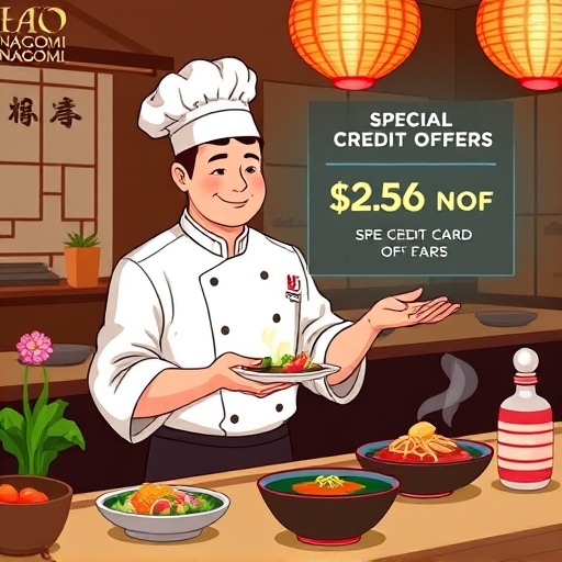 stylized illustration of a chef presenting exquisite japanese dishes at nagomi with a glow of special credit card offers in the background