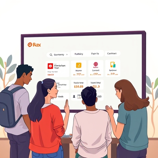 stylized illustration of a diverse group of young adults collaborating around a digital banking interface on a large screen showcasing rakuten points and membership tiers with a focus on community and shared financial success under soft ambient light