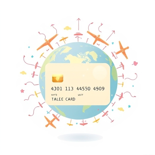 whimsical illustration of a globe covered in tiny airplane icons and hotel symbols radiating from a stylized credit card with a subtle shine and soft pastel colors